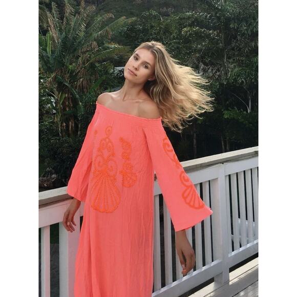 Lilly Pulitzer Nita Maxi Dress Off The Shoulder Guava Melon Beaded Size Small - Picture 1 of 11